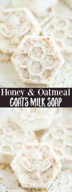 honey and oatmeal goat milk soap on a white doily with the words goats milk soap