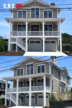 two pictures of the same house with different windows and balconies on each floor