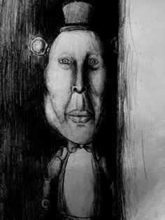 a black and white drawing of a man's face in the corner of a room