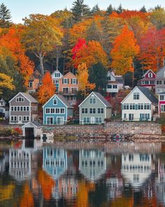 houses on the shore of a lake surrounded by trees with autumn foliage in the background