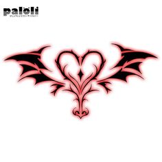 a heart shaped dragon tattoo design on a white background with red and black wings in the shape