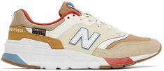 Low-top panelled buffed leather and suede sneakers in beige, tan, and white. · Almond toe · Lace-up closure · Logo patch with D-ring hardware at tongue · Padded collar in red · Logo appliqué at sides · Injection-molded EVA foam midsole · Treaded rubber outsole Supplier color: Workwear New Balance Beige Sneakers With Rubber Sole, Beige Leather New Balance Sneakers, New Balance Tan, Luxury Beige New Balance Sneakers, Tan Shoes Men, New Balance Low-top Running Shoes With Logo Patch, New Balance For Men, Balanced Beige, New Balance Outfit