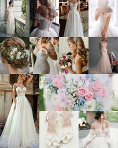 the collage shows different types of wedding dresses and bouquets in white, blue, pink