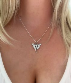 "Birthstone add on https://www.etsy.com/listing/592013303/birthstone-add-on-minimalist-tiny?ref=shop_home_active_1&frs=1 D E T A I L S * Solid Sparkly Sterling Silver Box Chain and Clasp. * The Sterling Silver Luna Moth charm measures approximately 28x24mm. * Charm A comes with a single jump ring in the middle and different chain choices. * Charm B comes with two jump rings on the sides and cable chain only. P R O D U C T I O N ∙ T I M E S All items are made to order, our average production Moth Jewelry, Moth Necklace, Bug Jewelry, Insect Jewelry, Fantasy Closet, Luna Moth, Fortune Teller, Butterfly Jewelry, Witchy Vibes