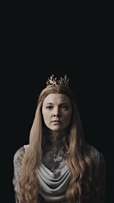 a woman with long hair and a crown on her head is standing in front of a black background