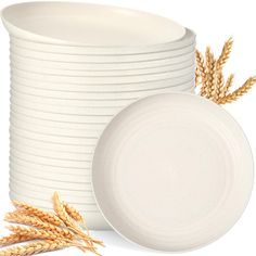 a stack of white plates with wheat stalks next to it on a white background,