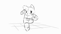 a drawing of a cat running across a floor with one leg up and the other hand on