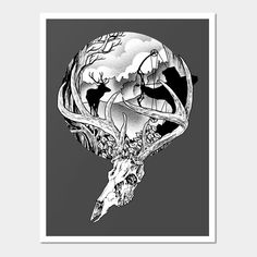 a black and white drawing of a skull with antlers on it's head