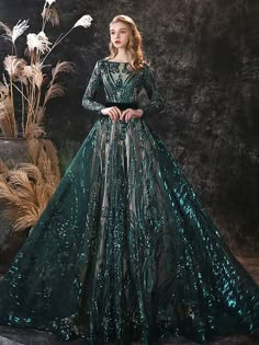 Gorgeous Evening Dress A-Line Jewel Neck With Train Long Sleeves Zipper Lace Lace Formal Party Dresses-Ballbella Long Sleeve Lace Dress Formal, Green Fantasy Dress, Court Train Prom Dress, Lace Formal Dress, Maxi Bridesmaid Dresses, Fantasy Dresses, Fantasy Gowns, Formal Party Dress, Long Sleeve Sequin