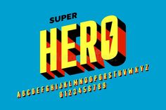 the super hero font and numbers are displayed on a blue background with red, yellow, and black stripes