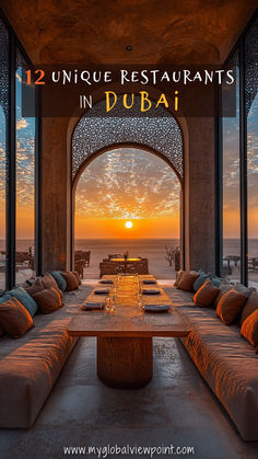 A luxurious dining setup in Dubai featuring a cozy seating arrangement, intricate architectural details, and a spectacular sunset view over the desert horizon. Dubai Restaurant Luxury, Restaurants Dubai, Dubai Restaurant, Luxury Restaurant Interior, Restaurants In Dubai, Fusion Restaurant, Opulent Interiors, Golden Sunset, Luxury Restaurant