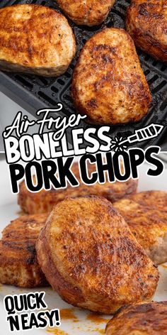 grilled pork chops on a grill with the words boneless and pork chops