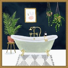 a painting of a bathtub with plants hanging from it's sides and a rug on the floor