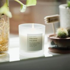 a white candle sitting on top of a window sill next to a potted plant