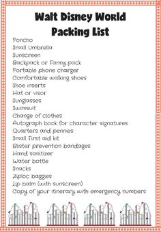 the walt world packing list is shown in red and white with an orange border around it