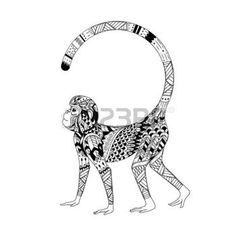 a black and white drawing of a monkey with an ornamental pattern on it's back