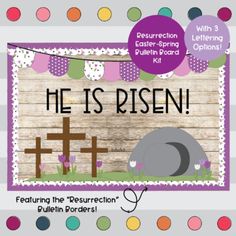 a wooden sign that says he is risen with an image of a cat on it