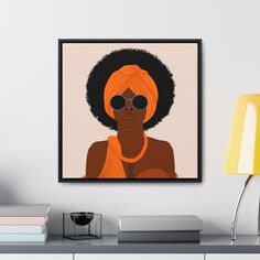 a woman with sunglasses and an orange scarf on her head is featured in this modern art piece