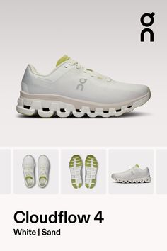 white shoes with green accents are shown in the ad for on cloudflow 4, which is