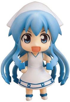 an anime doll with blue hair wearing a white dress