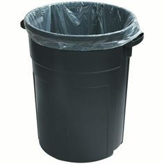 a black trash can with plastic wrap around the top and bottom lid, on a white background