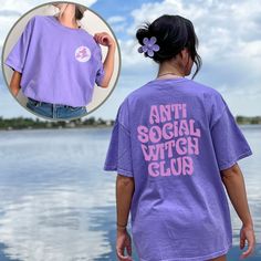 Embrace your mystical side with our Comfort Colors AntiSocial Witch Club Shirt. This enchanting tee features a captivating front corner witch graphic and proudly displays "antisocial witch club" text on the back. Perfect for magic enthusiasts and those who cherish their solitude, this shirt blends retro aesthetics with ultimate comfort. Ideal as a Halloween costume or for casual wear, it's a must-have addition to your wardrobe. Join the funny witches gang and stand out with this cute neon group Mom Mermaid, Sea Creature Costume, Creature Costume, Mermaid Graphic, Witch Graphic, Whimsical Mermaid, Witchy Halloween, Witch Vibes, Triple Moon Goddess