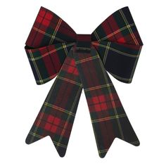 a red and black plaid bow tie on a white background