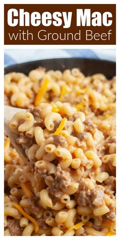 cheesey macaroni with ground beef in a skillet