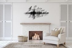 a living room with white furniture and a fireplace in front of a sound wave wall clock