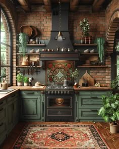 an old fashioned kitchen with green painted cabinets and brick walls, potted plants on the stove