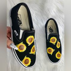 Vans With Sunflowers Women’s Custom Sneakers Women’s Custom Kicks Size 8.5 New, Never Worn Ready To Ship Vans Slip Ons, Sunflower Vans, Vans Yellow, Custom Kicks, Club Shoes, Moccasins Shoes, Vans Slip On, Custom Vans, Custom Painted