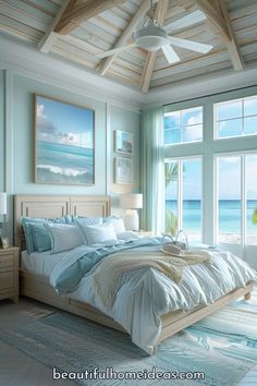 a bedroom with a large bed sitting under a ceiling fan