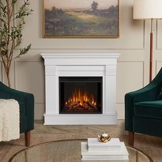 a living room with two chairs and a fire place in the middle of the room