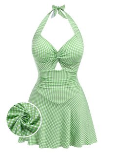 [Pre-Sale] Light Green 1930s Plaid Halter One-Piece Swimsuit 1950s Clothes Women, Retro Stage, Vintage Romper, Vintage Swimsuit, Retro Swimsuit, Swimsuit Collection, Standard Dress, Green Swimsuit, Halter One Piece Swimsuit