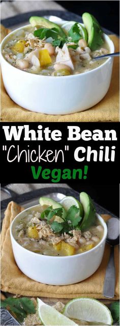 white bean chicken chili with avocado and cilantro in a large bowl