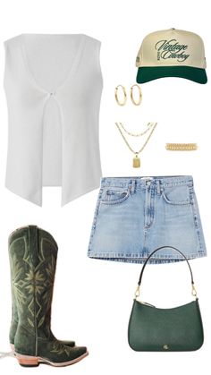 Nashville Outfit Ideas Spring, Vintage Trucker Hat Outfit, Western Trucker Hat Outfit, Trucker Hat Country Concert Outfit, Red Trucker Hat Outfit, Country Going Out Outfits, Trucker Hat Concert Outfit, Cowgirl Chic Aesthetic, Green Cowgirl Boots Outfits