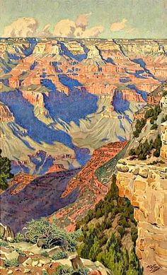 a painting of the grand canyon with mountains in the background