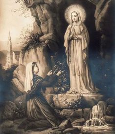 an old photo of the virgin mary and jesus in front of a waterfall with water