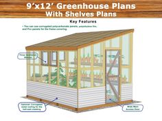 a small greenhouse with shelves and plants on the side, labeled in blue text that says 9 x 12 greenhouse plans with shelves plans