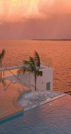 a large swimming pool next to the ocean with palm trees in front of it at sunset