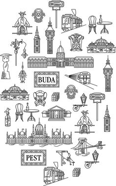 a black and white drawing of different buildings