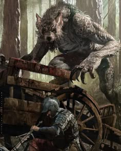 an animal attacking a man in the woods next to a wagon with another animal on it