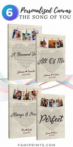 the wedding program is shown with four different photos and text on each page, including an image