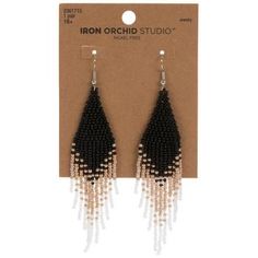 Dimensions: 3.5" x 1" x 0.08" Type: Ear Wire Material: Plastic & Metal Color: Black & White Metal Color: Gold Age Grade: 16+ Care & Safety: Nickel-Free Quantity: 1 Pair Enhance your classy outfit with these gorgeous Black Beaded Earrings! These earrings have a long diamond shape with various lengths of hanging beads that add brilliant dimension. Their classic black and white colors are sure to complement any outfit. Pair these earrings with a classic black and white clothing for a modern look! Elegant Summer Jewelry With Faceted Beads, Black Dangle Jewelry For Summer, Black Jewelry For Summer Evenings, Black Evening Jewelry For Summer, Black Summer Evening Jewelry, Black And White Beaded Earrings, Whitney Houston I Wanna Dance, Black And White Clothing, Black Beaded Earrings