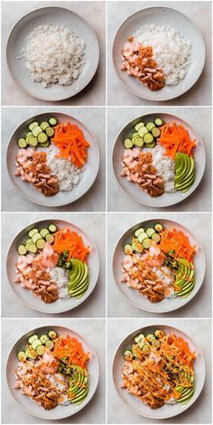 six plates with different types of food on them, including rice and cucumbers