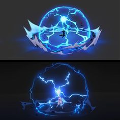 two different views of the same object with blue and white lightenings on it