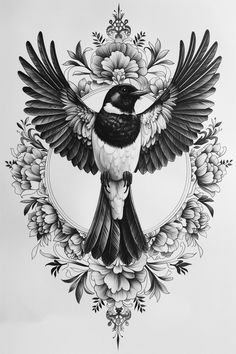 a black and white drawing of a bird with flowers on it's back side