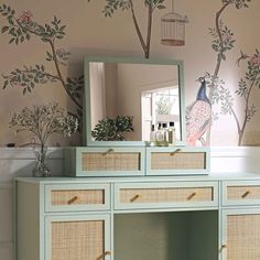 a dresser with drawers, mirror and birdcage painted on the wall behind it