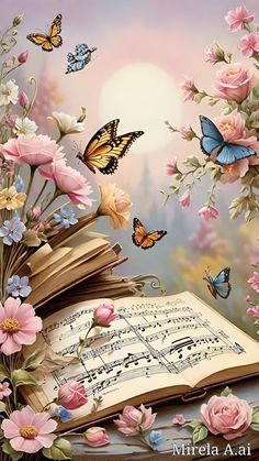 an open book with music notes and butterflies flying over it, in front of a background of pink flowers