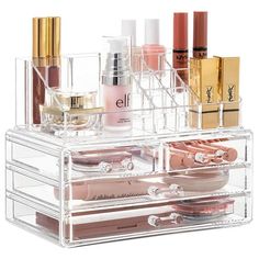 The HBlife Clear Acrylic Makeup Organizer is a versatile storage solution for cosmetics and skincare products. This set includes two pieces  a vanity makeup case with four storage drawers and a two-tier bedroom cosmetic display case. Made from high-quality clear acrylic, these organizers offer a sleek and transparent design, allowing easy visibility and access to your makeup and skincare items. The clear construction adds a modern touch to your vanity or bathroom counter. The vanity makeup case Clear Acrylic Makeup Organizer, Clear Makeup Organizer, Make Up Storage, Makeup Case Organization, Makeup Storage Organization, Acrylic Organizer Makeup, Jewelry Display Box, Cosmetic Display, Cosmetic Box